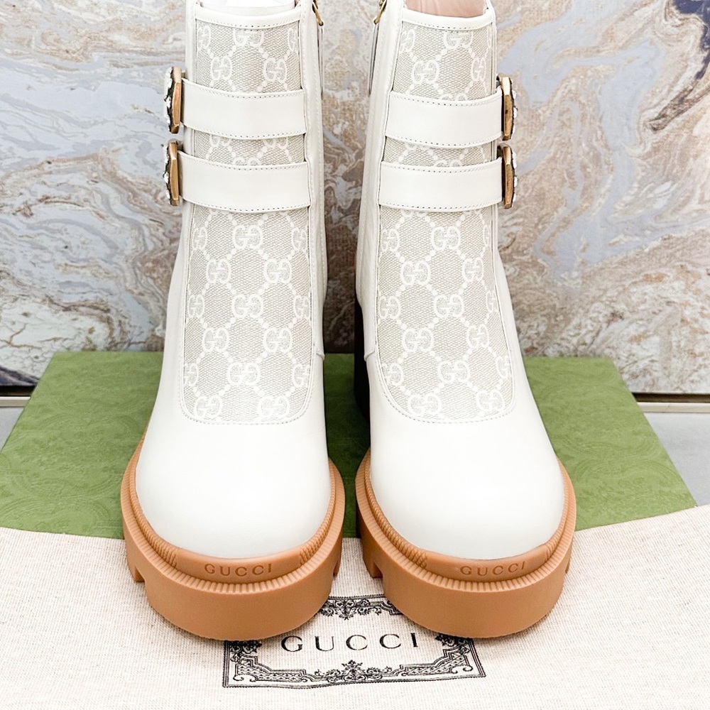 New! Gucci Kensington GG Supreme Monogram  Double Buckle Leather Ankle Boots - Picture 2 of 10